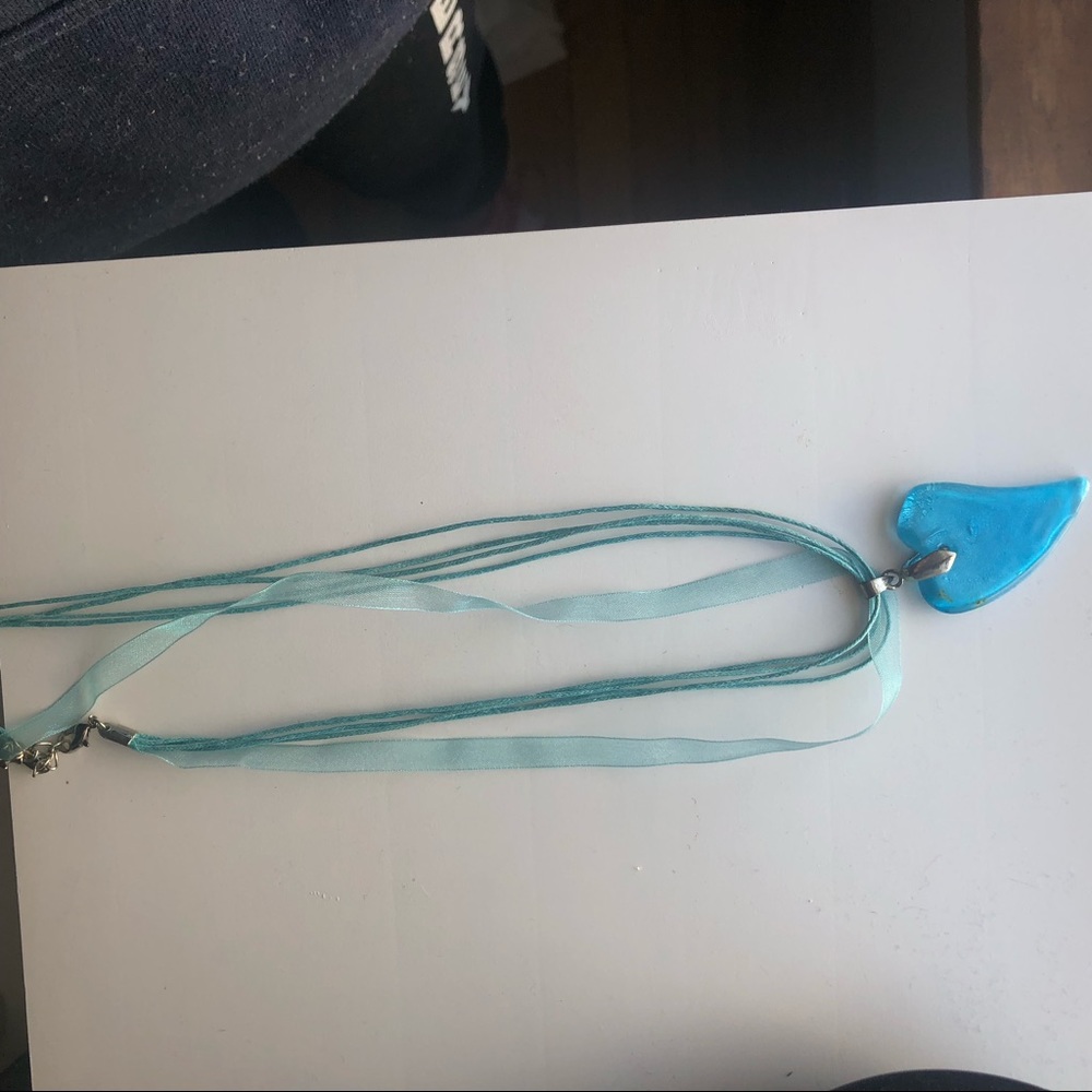 Blue glass heart ribbon/ string necklace